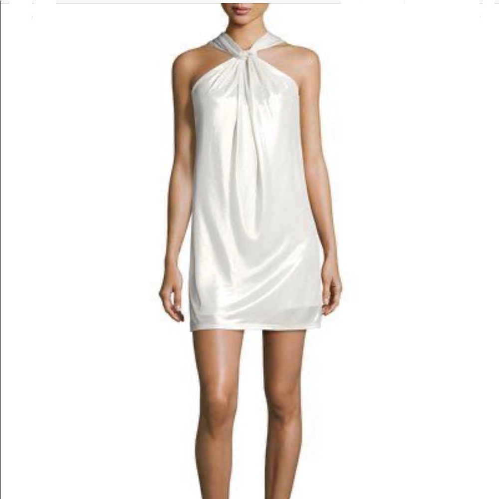 NEW Halston Heritage Knot Drape Neck short dress in Pale Gold size X-Small